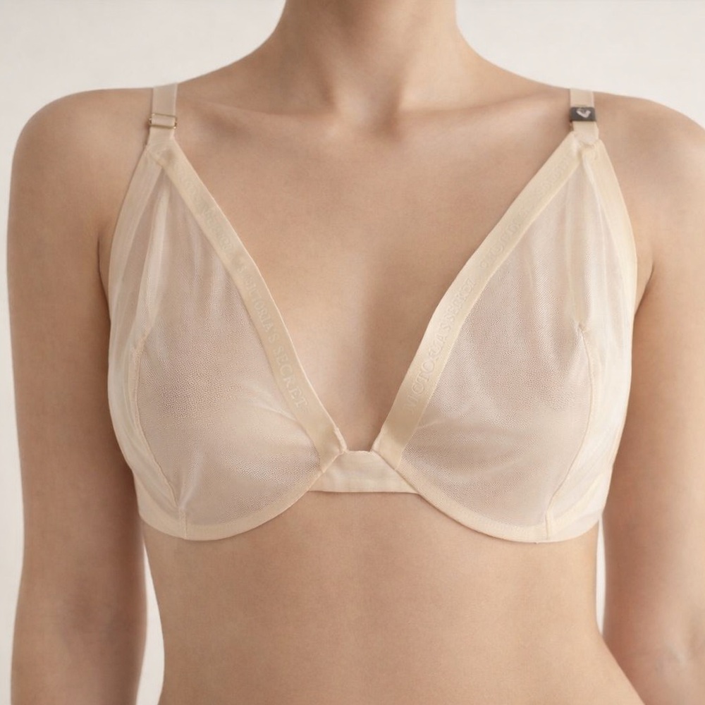 Victoria’s Secret Sheer Balconette Bra 38DD Ivory Mesh Satin Underwire NWT Sexy